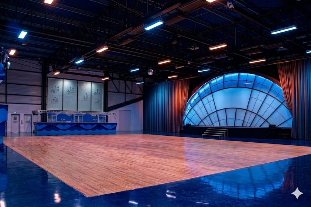 La Salle Bleue vide, piste de danse en bois et scène en coquille éclairée en bleu